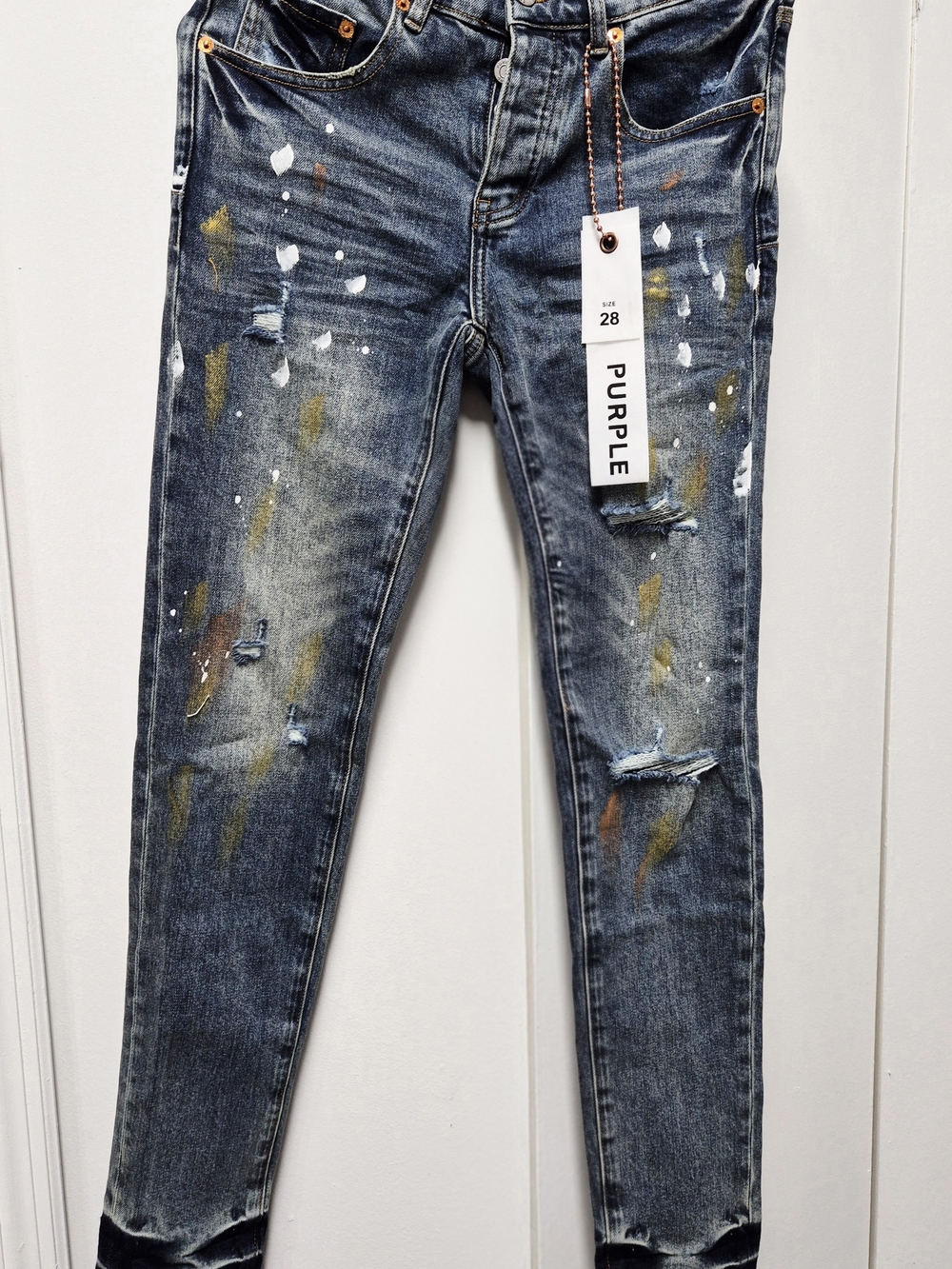 Purple Brand Men's Skinny Jeans in Washed Blue with Paint Detail
